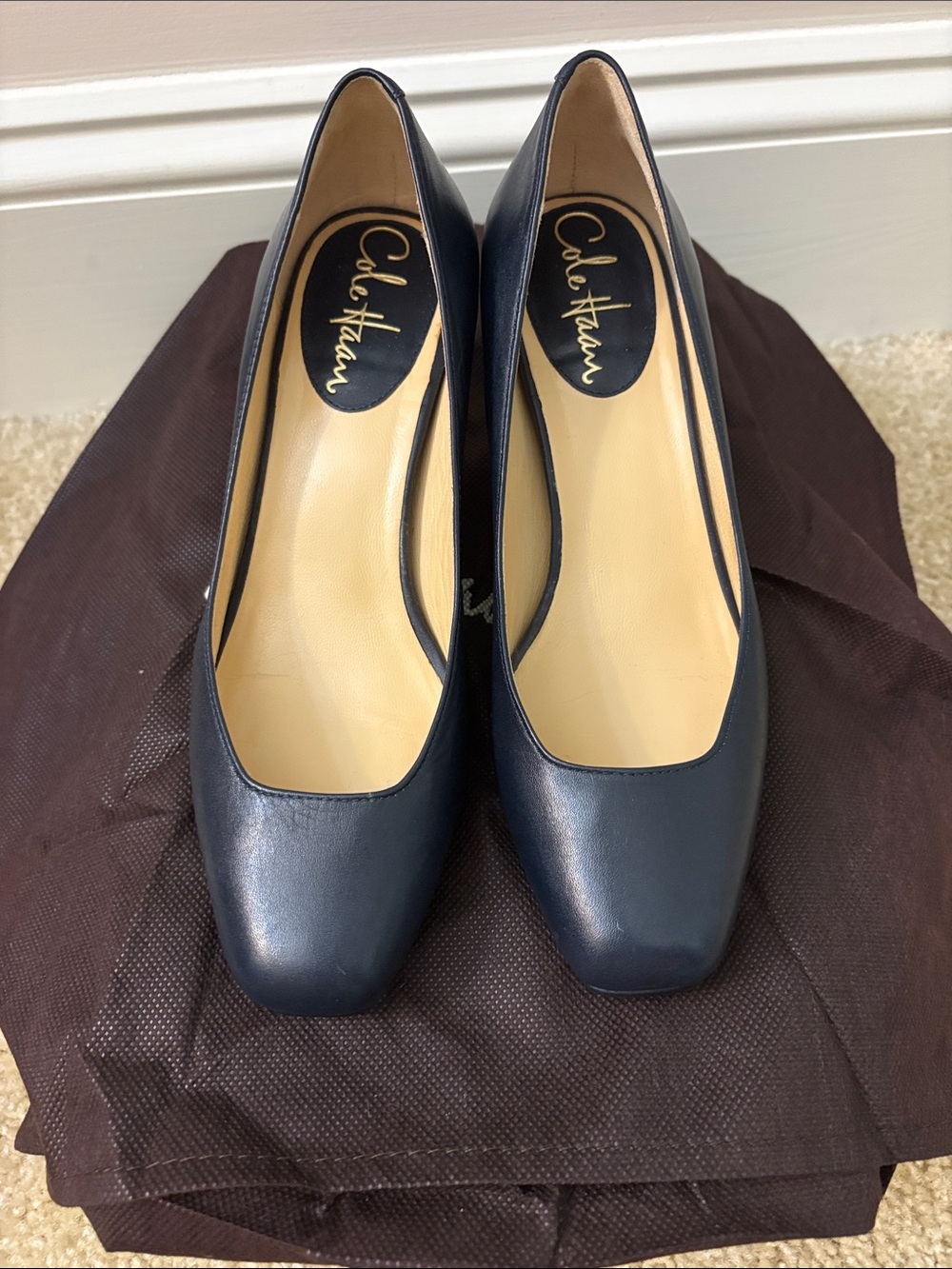 Cole Haan Navy Leather Square-Toe Pumps